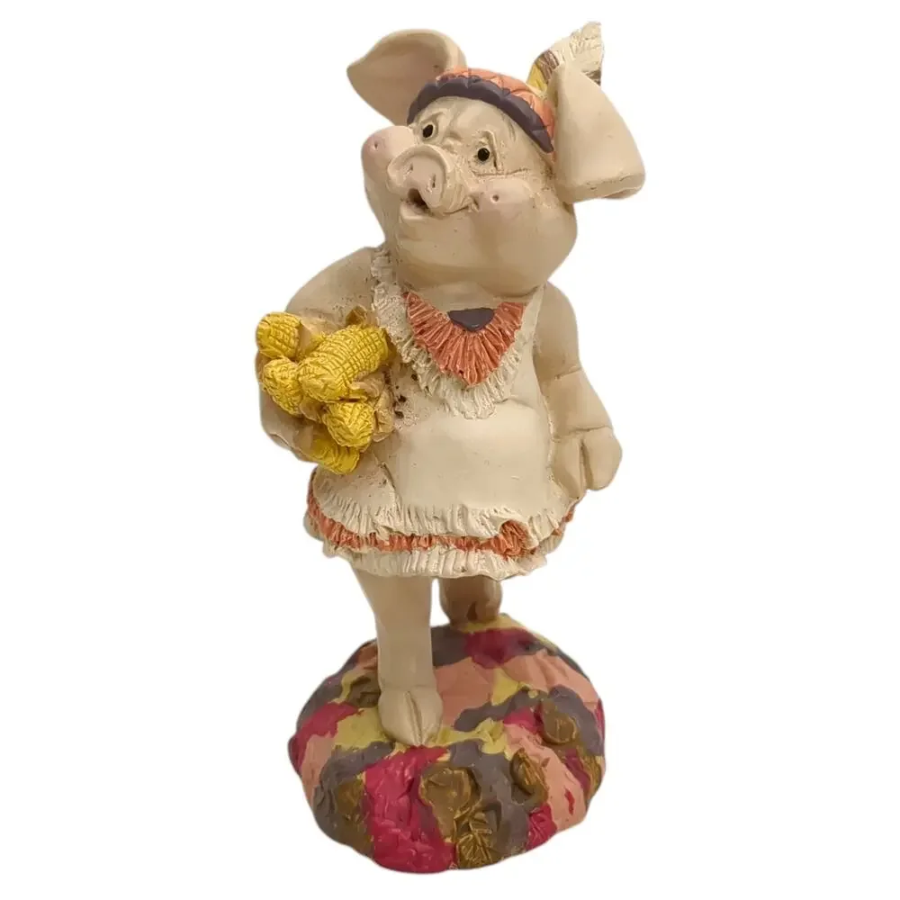 VTG 1991 Kathy Wise - Enesco Resin 2 Pigs - Thanksgiving - Native American 4